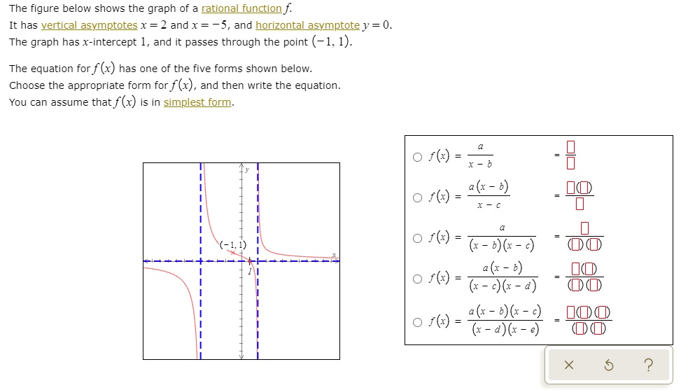 The figure below shows the graph of a rational function f.
It has vertical asymptotes x = 2 and x = -5, and horizontal asymptote y = 0.
The graph has x-intercept 1, and it passes through the point (-1, 1).

The equation for f(x) has one of the five forms shown below.
Choose the appropriate form for f(x), and then write the equation.
You can assume that f(x) is in simplest form.

f(x) = a / (x - b)
f(x) = a(x - b) / (x - c)
f(x) = a / ((x - b)(x - c))
f(x) = a(x - b) / ((x - c)(x - d))
f(x) = a(x - b)(x - c) / ((x - d)(x - e))
