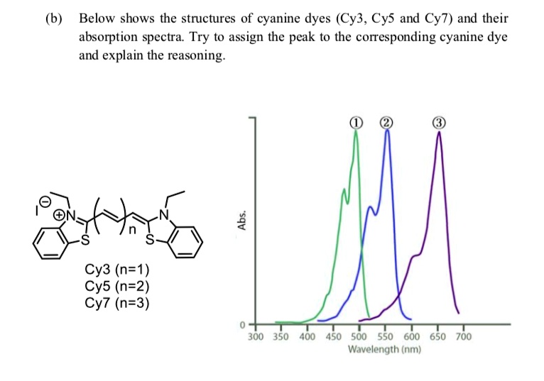 SOLVED: (b) Below shows the structures of cyanine dyes (Cy3, Cy5, and ...