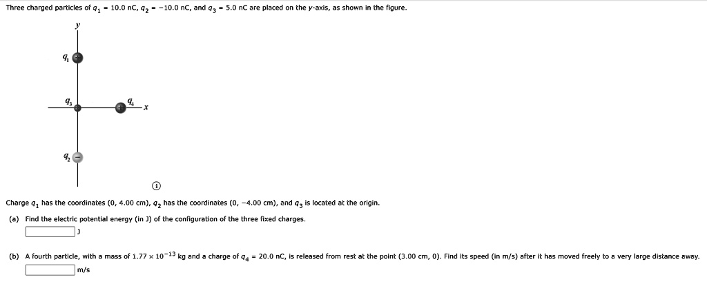 SOLVED: Three charged particles, Q1 = 10.0 nC, Q2 = 92.0 nC, and Q3 = 5 ...