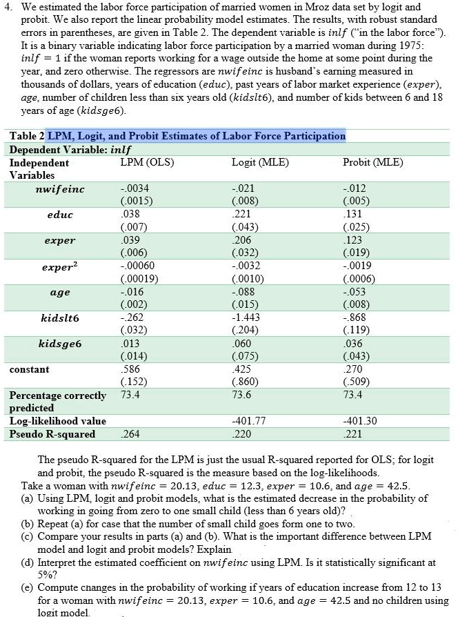 4. We estimated the labor force participation of married women in Mroz data set by logit and probit. We also report the linear probability model estimates. The results, with robust standard errors in parentheses, are given in Table 2. The dependent variable is inlf (’’in the labor force’’). It is a binary variable indicating labor force participation by a married woman during 1975: inlf = 1 if the woman reports working for a wage outside the home at some point during the year, and zero otherwise. The regressors are nwifeinc is husband’s earning measured in thousands of dollars, years of education (educ), past years of labor market experience (exper), age, number of children less than six years old (kidslt6), and number of kids between 6 and 18 years of age (kidsge6).

Table 2 LPM, Logit, and Probit Estimates of Labor Force Participation
Dependent Variable: inlf
Independent Variables	LPM (OLS)	Logit (MLE)	Probit (MLE)
nwifeinc	-.0034	-.021	-.012
	(.0015)	(.008)	(.005)
educ	.038	.221	.131
	(.007)	(.043)	(.025)
exper	.039	.206	.123
	(.006)	(.032)	(.019)
exper^2	-.00060	-.0032	-.0019
	(.00019)	(.0010)	(.0006)
age	-.016	-.088	-.053
	(.002)	(.015)	(.008)
kidslt6	-.262	-1.443	-.868
	(.032)	(.204)	(.119)
kidsge6	.013	.060	.036
	(.014)	(.075)	(.043)
constant	.586	.425	.270
	(.152)	(.860)	(.509)
Percentage correctly predicted	73.4	73.6	73.4
Log-likelihood value		-401.77	-401.30
Pseudo R-squared	.264	.220	.221

The pseudo R-squared for the LPM is just the usual R-squared reported for OLS; for logit and probit, the pseudo R-squared is the measure based on the log-likelihoods.
Take a woman with nwifeinc = 20.13, educ = 12.3, exper = 10.6, and age = 42.5.
(a) Using LPM, logit and probit models, what is the estimated decrease in the probability of working in going from zero to one small child (less than 6 years old)?
(b) Repeat (a) for case that the number of small child goes form one to two.
(c) Compare your results in parts (a) and (b). What is the important difference between LPM model and logit and probit models? Explain.
(d) Interpret the estimated coefficient on nwifeinc using LPM. Is it statistically significant at 5%?
(e) Compute changes in the probability of working if years of education increase from 12 to 13 for a woman with nwifeinc = 20.13, exper = 10.6, and age = 42.5 and no children using logit model.