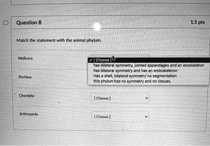 SOLVED: 1.5 pts Match the statement with the animal phylum: Mollusca
