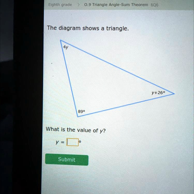 The diagram shows a triangle. 4y 89° What is the value of y? y = Submit ...