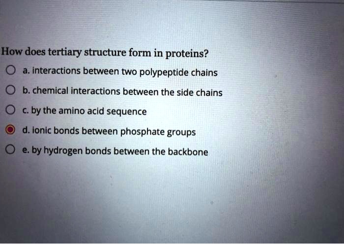 How does tertiary structure form in proteins?

a. interactions between two polypeptide chains
b. chemical interactions between the side chains
c. by the amino acid sequence
d. ionic bonds between phosphate groups
e. by hydrogen bonds between the backbone