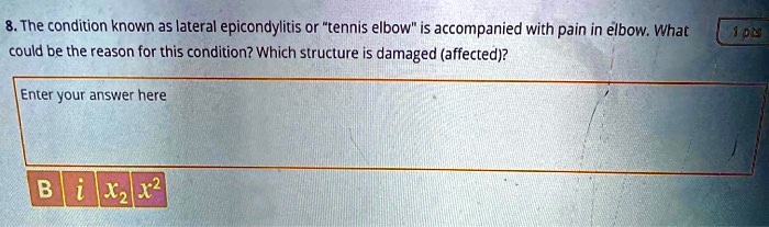 8. The condition known as lateral epicondylitis or "tennis elbow" is accompanied with pain in elbow. What could be the reason for this condition? Which structure is damaged (affected)?