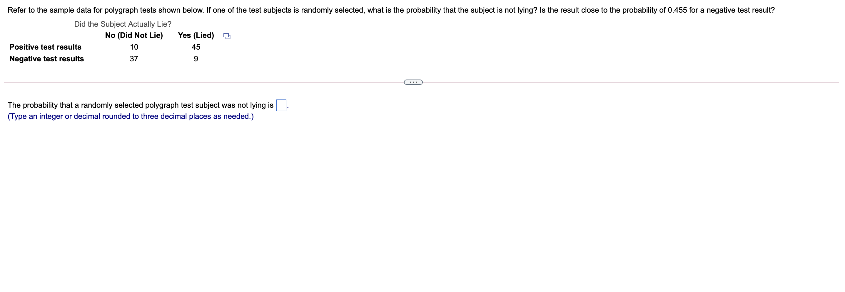 Refer to the sample data for polygraph tests shown below. If one of the test subjects is randomly selected, what is the probability that the subject is not lying? Is the result close to the probability of 0.455 for a negative test result?
Did the Subject Actually Lie?
No (Did Not Lie) Yes (Lied)
Positive test results 10 45
Negative test results 37 9
The probability that a randomly selected polygraph test subject was not lying is .
(Type an integer or decimal rounded to three decimal places as needed.)
