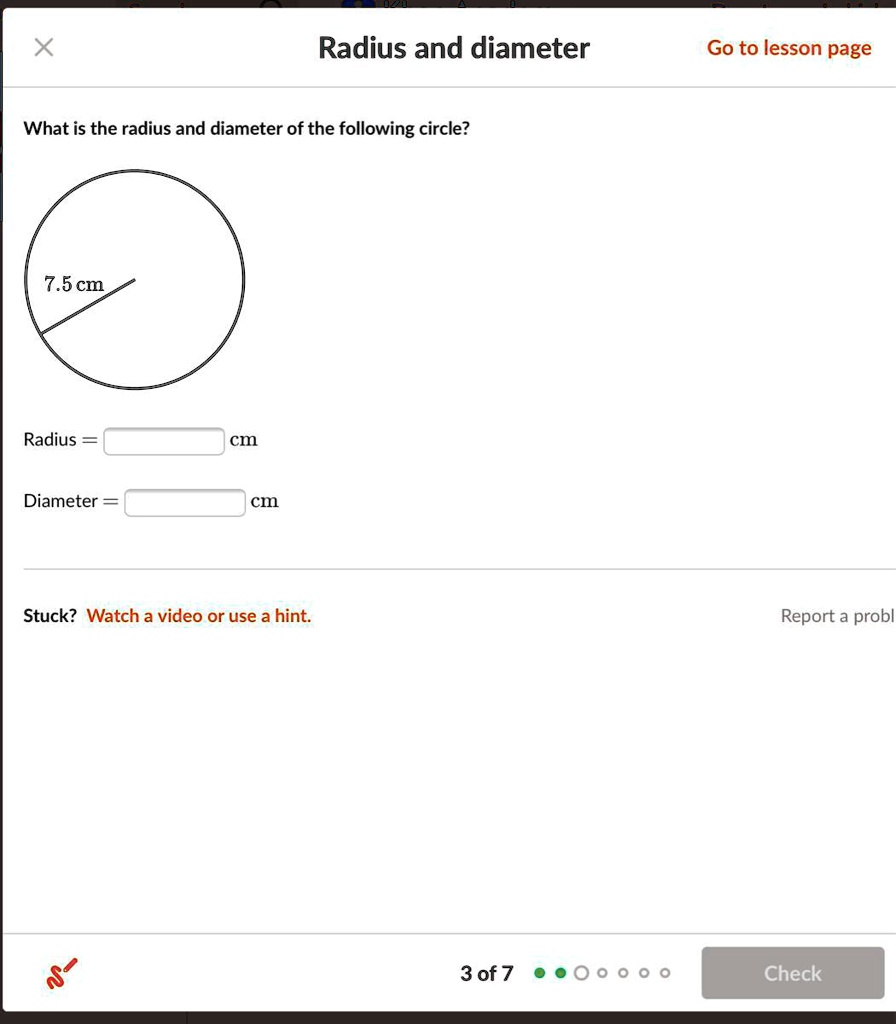 find the radius of a circle with the following diameter 7cm