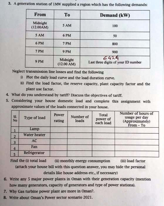3. A generation station of 1MW supplied a region which has the following demands:

From | To | Demand (kW)
Midnight (12.00AM) | 5 AM | 100
5 AM | 6 PM | 50
6 PM | 7 PM | 800
7 PM | 9 PM | 900
9 PM | Midnight (12.00 AM) | 6424 Last three digits of your ID number

Neglect transmission line losses and find the following
i) Plot the daily load curve and the load duration curve.
ii) Find the load factor, the reserve capacity, plant capacity factor and the plant use factor.
4. What do you understand by tariff? Discuss the objectives of tariff.
5. Considering your house domestic load and complete this assignment with approximate values of the loads connected in your house.

Sl. No | Type of load | Power rating | Number of loads | Total power of each load | Number of hours of usage per day (Approximately) From - To
1 | Lamp
2 | Water heater
3 | AC
4 | Fan
5 | Refrigerator

Find the (i) total load (ii) monthly energy consumption (iii) load factor
(attach your house bill with this question answer, you may hide the personal details like house address etc., if necessary)
6. Write any 5 major power plants in Oman with their generation capacity (mention how many generators, capacity of generators and type of power stations).
7. Why Gas turbine power plant are more in Oman?.
8. Write about Oman's Power sector scenario 2021.