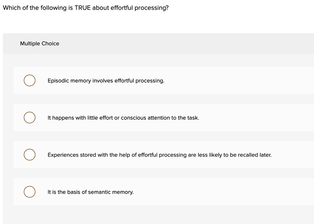 Which of the following is TRUE about effortful processing?
Multiple Choice
Episodic memory involves effortful processing.
It happens with little effort or conscious attention to the task.
Experiences stored with the help of effortful processing are less likely to be recalled later.
It is the basis of semantic memory.