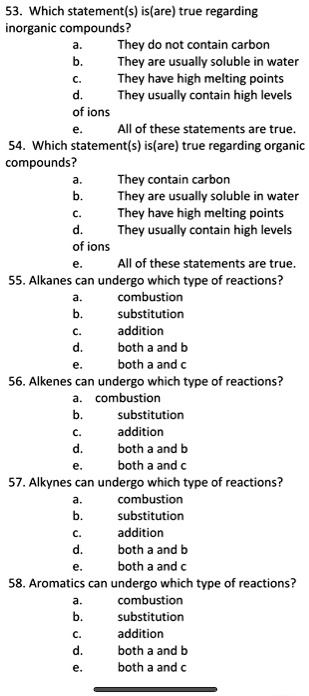 Solved:which Statement(S) Is(Are) True Regarding Inorganic Compounds? They  Do Not Contain Carbon They Are Usual Soluble In Water They Have High  Melting Points They Usually Contain High Levels Of Ions All Of Solved:which Statement(S) Is(Are) True Regarding Inorganic Compounds? They  Do Not Contain Carbon They Are Usual Soluble In Water They Have High  Melting Points They Usually Contain High Levels Of Ions All Of
