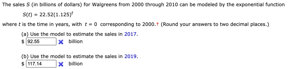 The sales S (in billions of dollars) for Walgreens from 2000 through 2010 can be modeled by the exponential function
S(t) = 22.52(1.125)^t
where t is the time in years, with t = 0 corresponding to 2000. (Round your answers to two decimal places.)
(a) Use the model to estimate the sales in 2017.
92.55 billion
(b) Use the model to estimate the sales in 2019. 117.14 billion