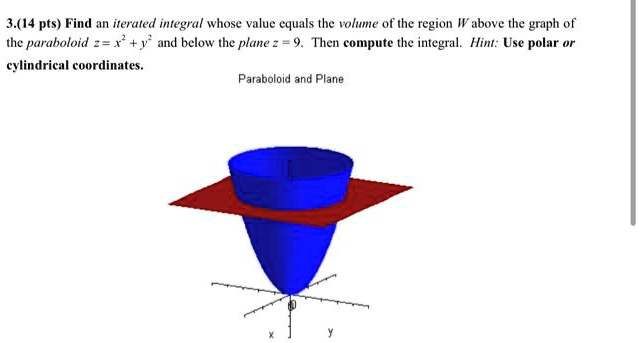 3.(14 pts) Find an iterated integral whose value equals the volume of the region W above the graph of the paraboloid z = x^2 + y^2 and below the plane z = 9. Then compute the integral. Hint: Use polar or cylindrical coordinates.