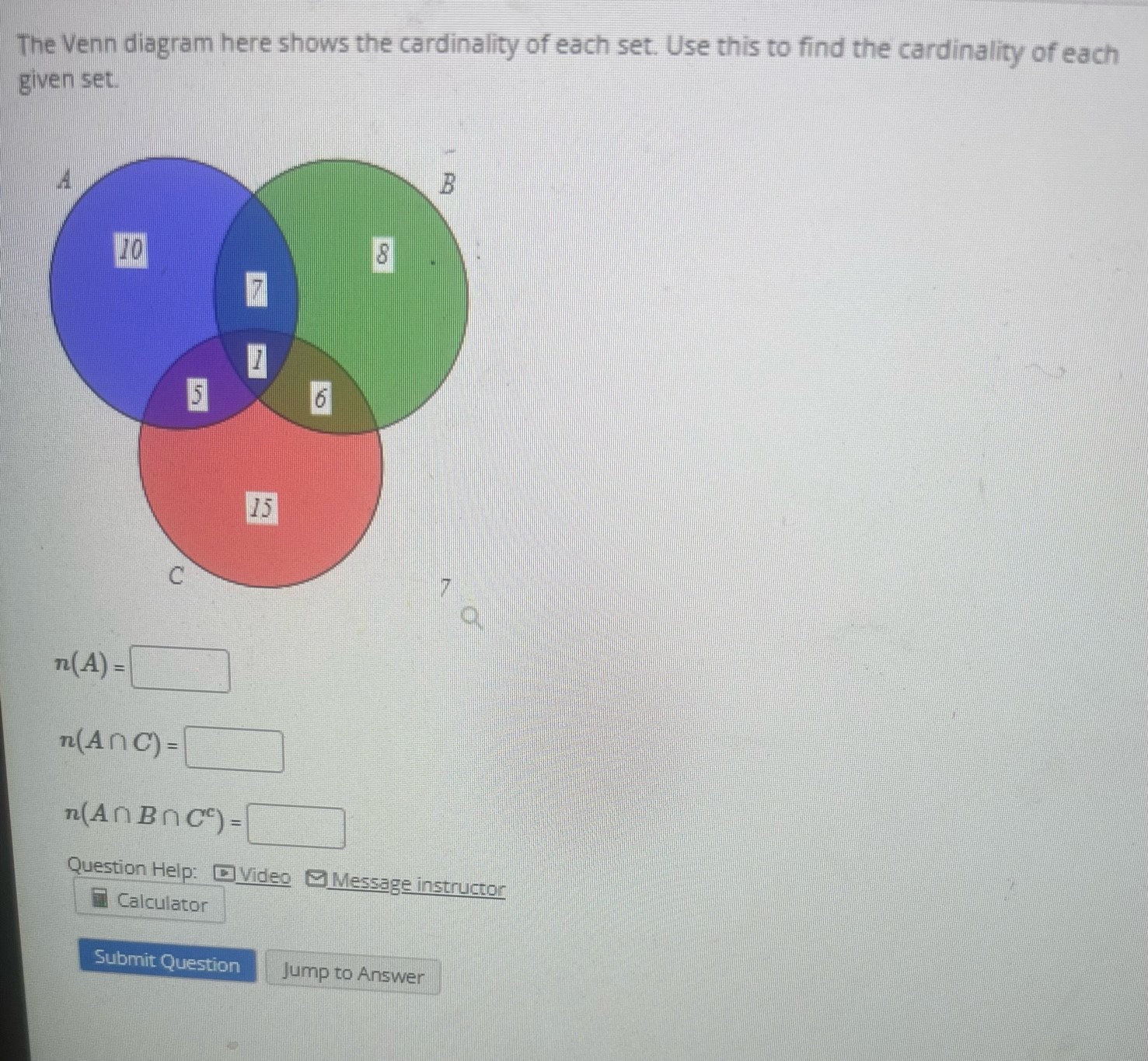 SOLVED: The Venn Diagram Here Shows The Cardinality Of Each Set. Use ...