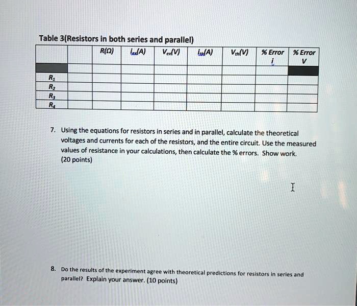 SOLVED Text Table 3 (Resistors in both series and parallel) R (Î©) I (A) V (V) U (V) Error