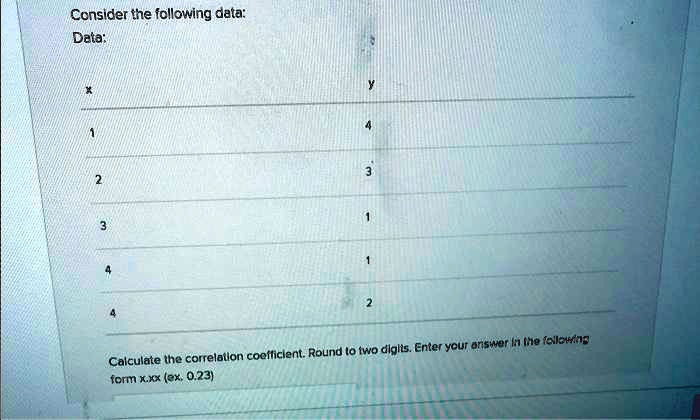 SOLVED: Consider the following data: Data: y 1 4 1 1 4 2 Calculate the ...