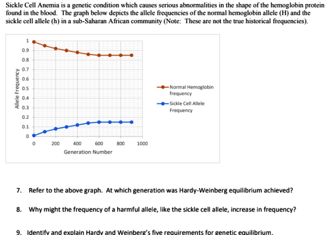 Sickle Cell Anemia is a genetic condition which causes serious abnormalities in the shape of the hemoglobin protein
found in the blood. The graph below depicts the allele frequencies of the normal hemoglobin allele (H) and the
sickle cell allele (h) in a sub-Saharan African community (Note: These are not the true historical frequencies).
7. Refer to the above graph. At which generation was Hardy-Weinberg equilibrium achieved?
8. Why might the frequency of a harmful allele, like the sickle cell allele, increase in frequency?
9. Identify and explain Hardy and Weinberg's five requirements for genetic equilibrium.
