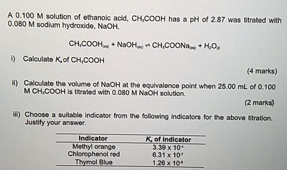 SOLVED A 0.100 M solution of ethanoic acid, CH3COOH, has a pH of 2.87
