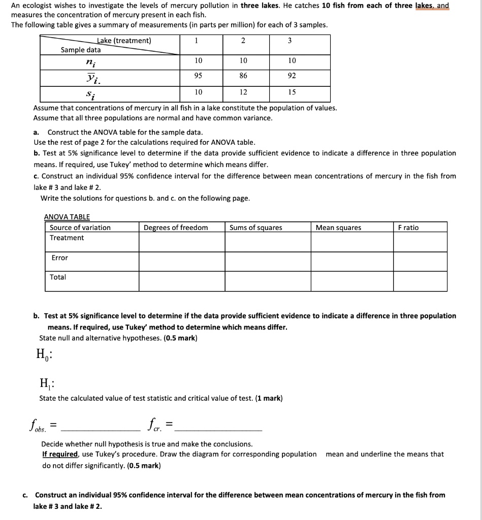 SOLVED: An ecologist wishes to investigate the levels of mercury ...