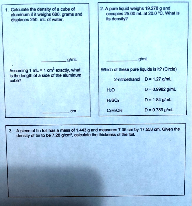 SOLVED Calculate the density of a 5 cube of aluminum if it weighs 680