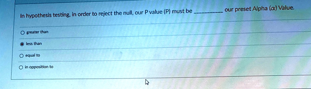 In hypothesis testing, in order to reject the null, our P value (P) must be  our preset Alpha (α) Value.

O greater than
less than
O equal to
O in opposition to