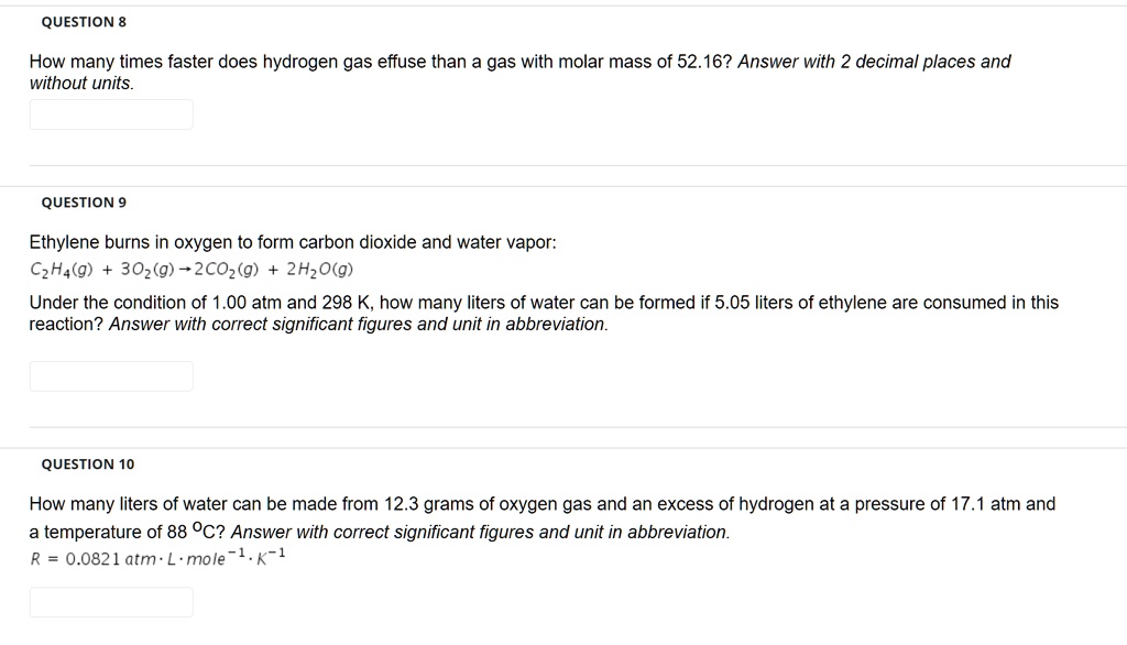 SOLVED: QUESTION How many times faster does hydrogen gas effuse than a ...