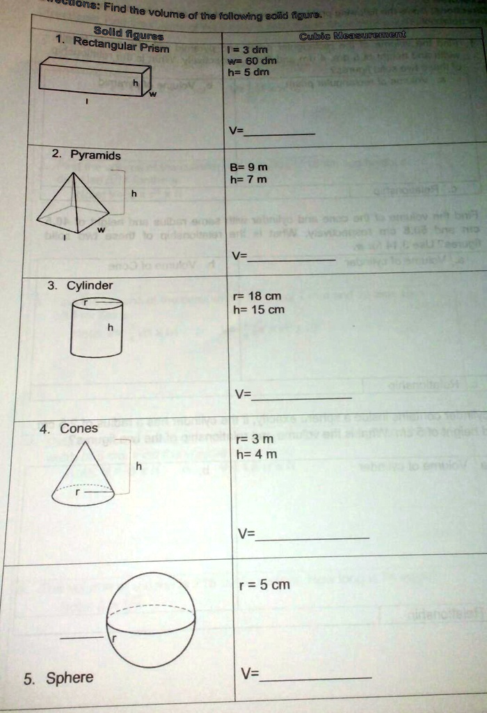 Solved Please Paki Sagot Please Quene Find The Volume Ot The Ollowing Elid Ligure Solld Ngures Cuble Measuemcnt Rectangular Prism 3dm W 60 Dm H 5 Dm Pyramids B 9 M H