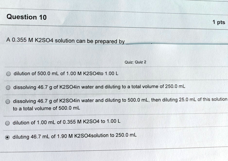 0.355 M K2SO4 solution can be prepared by dilution of 500.0 mL of 1.00 ...