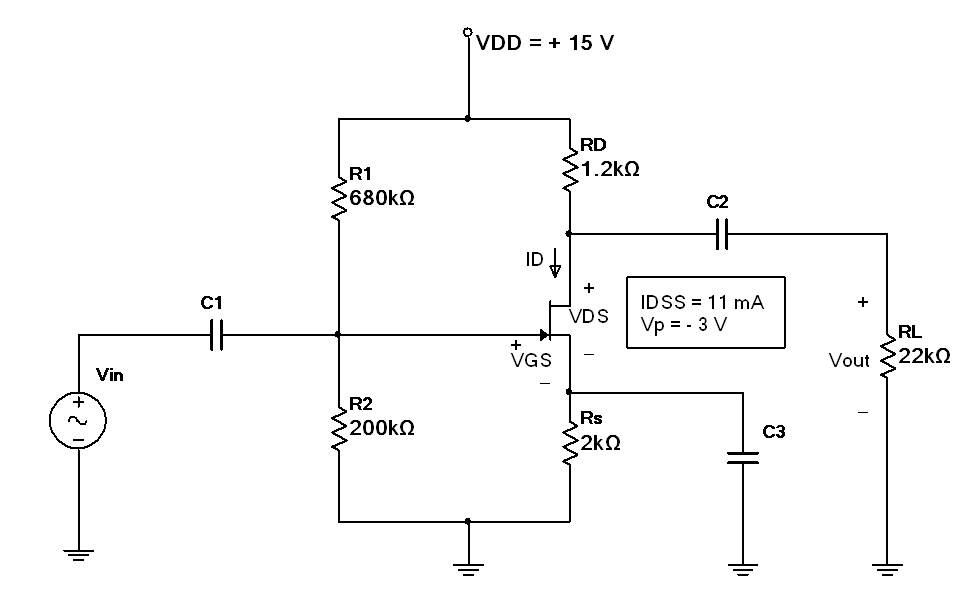 SOLVED: Given the following JFET Common-Source Amplifier with Voltage ...