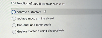 The function of type II alveolar cells is to: secrete surfactant ...