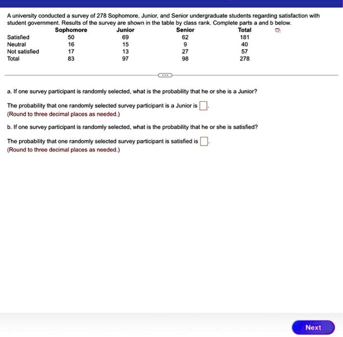 A university conducted a survey of 278 Sophomore, Junior, and Senior undergraduate students regarding satisfaction with
student government. Results of the survey are shown in the table by class rank. Complete parts a and b below.
Sophomore Junior Senior Total
Satisfied 50 69 62 181
Neutral 16 15 9 40
Not satisfied 17 13 27 57
Total 83 97 98 278
a. If one survey participant is randomly selected, what is the probability that he or she is a Junior?
The probability that one randomly selected survey participant is a Junior is
(Round to three decimal places as needed.)
b. If one survey participant is randomly selected, what is the probability that he or she is satisfied?
The probability that one randomly selected survey participant is satisfied is
(Round to three decimal places as needed.)