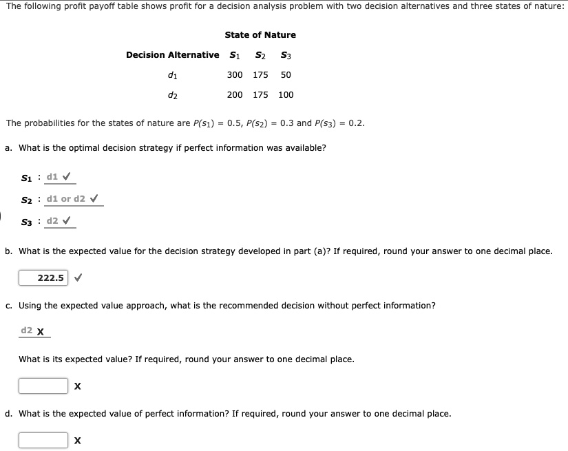 The following profit payoff table shows profit for a decision analysis problem with two decision alternatives and three states of nature:

State of Nature
Decision Alternative S1 S2 S3
d1 300 175 50
d2 200 175 100

The probabilities for the states of nature are P(s1) = 0.5, P(s2) = 0.3 and P(s3) = 0.2.

a. What is the optimal decision strategy if perfect information was available?
S1 : d1
S2 : d1 or d2
S3 : d2

b. What is the expected value for the decision strategy developed in part (a)? If required, round your answer to one decimal place.
222.5

c. Using the expected value approach, what is the recommended decision without perfect information?
d2

What is its expected value? If required, round your answer to one decimal place.

d. What is the expected value of perfect information? If required, round your answer to one decimal place.