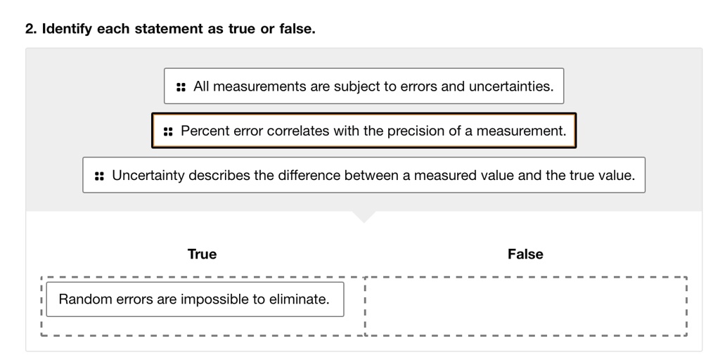 2. Identify each statement as true or false.
All measurements are subject to errors and uncertainties.
Percent error correlates with the precision of a measurement.
Uncertainty describes the difference between a measured value and the true value.
True
False
Random errors are impossible to eliminate.