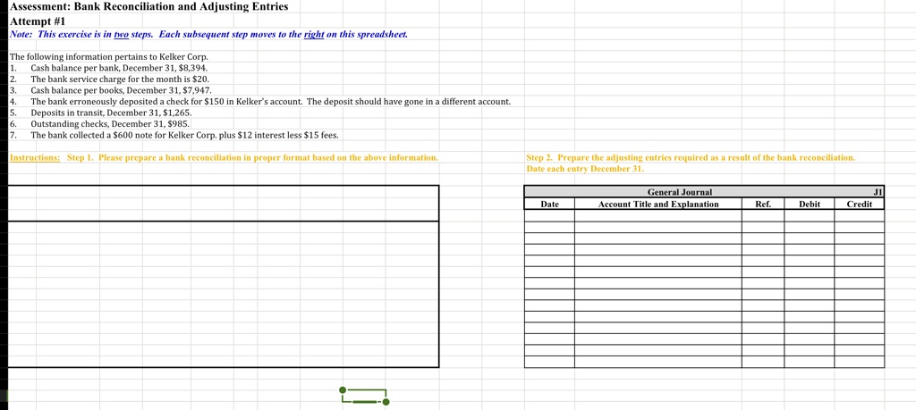 Assessment: Bank Reconciliation and Adjusting Entries
Attempt #1
Note: This exercise is in two steps. Each subsequent step moves to the right on this spreadsheet.
The following information pertains to Kelker Corp.
1. Cash balance per bank, December 31, 8,394.
2. The bank service charge for the month is20.
3. Cash balance per books, December 31, 7,947.
4. The bank erroneously deposited a check for150 in Kelker's account. The deposit should have gone in a different account.
5. Deposits in transit, December 31, 1,265.
6. Outstanding checks, December 31,985.
7. The bank collected a 600 note for Kelker Corp. plus12 interest less 15 fees.
Instructions: Step 1. Please prepare a bank reconciliation in proper format based on the above information.
Step 2. Prepare the adjusting entries required as a result of the bank reconciliation.
Date each entry December 31.
Date
General Journal
Account Title and Explanation
J1
Ref.
Debit
Credit