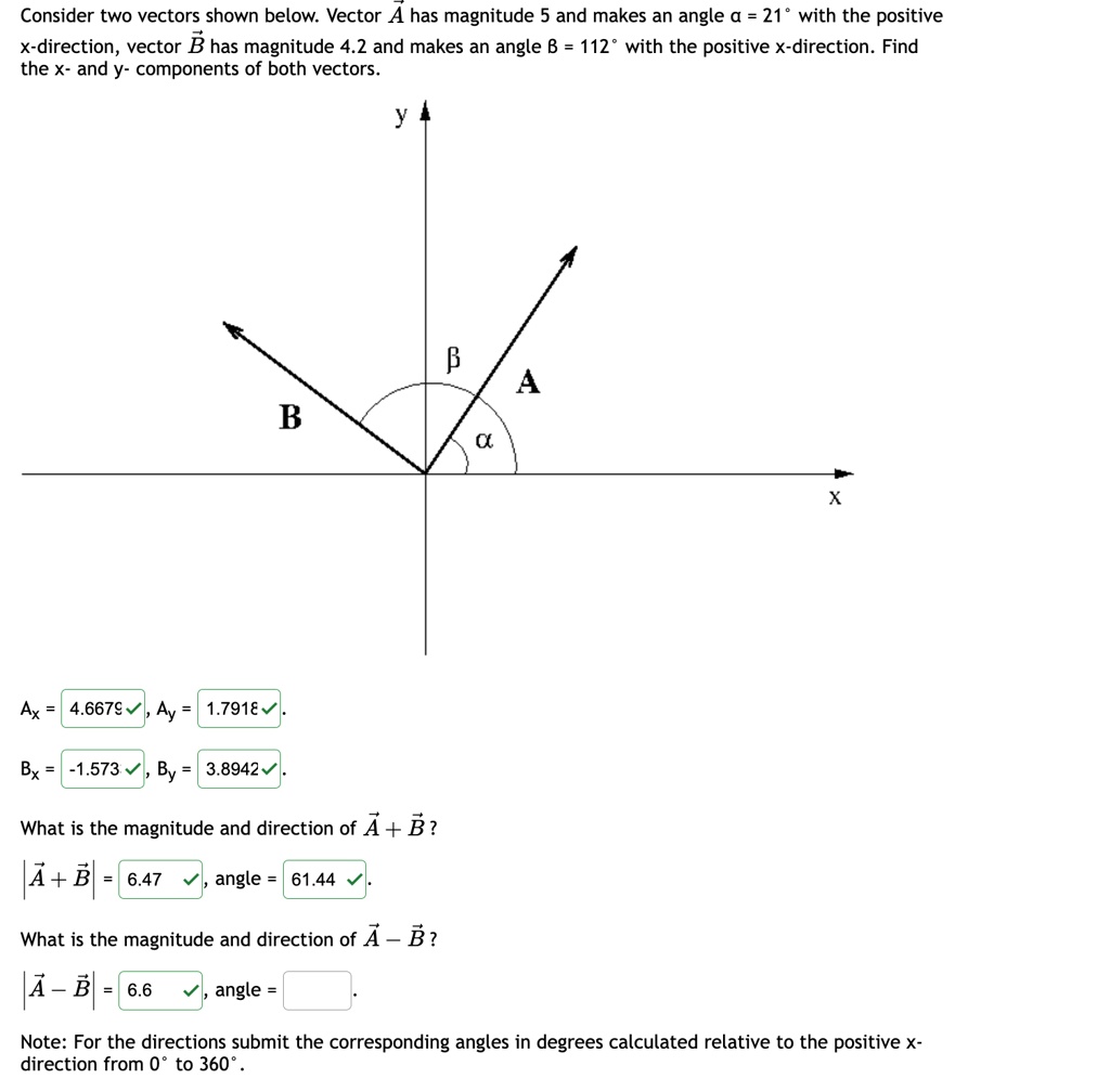 Consider two vectors shown below. Vector A⃗ has magnitude 5 and makes ...