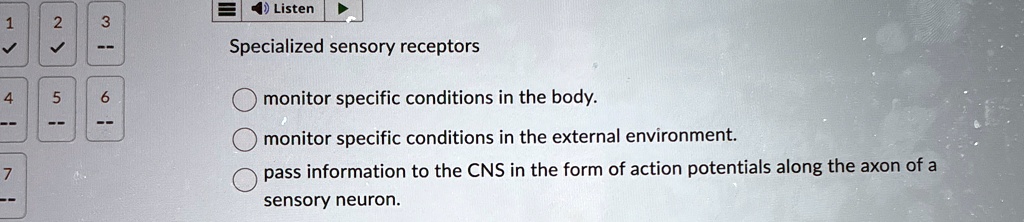 specialized sensory receptors monitor specific conditions in the body monitor specific conditions in the external environment pass information to the cns in the form of action potentials alo 90486