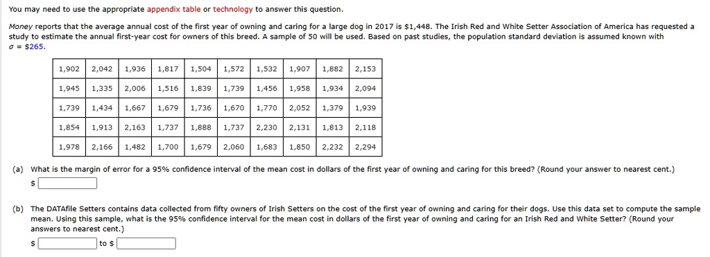 You may need to use the appropriate appendix table or technology to answer this question. Money reports that the average annual cost of the first year of owning and caring for a large dog in 2017 is 1,448. The Irish Red and White Setter Association of America has requested a study to estimate the annual first-year cost for owners of this breed. A sample of 50 will be used. Based on past studies, the population standard deviation is assumed known with ? =265.

1,902 2,042 1,936 1,817 1,504 1,572 1,532 1,907 1,882 2,153
1,945 1,335 2,006 1,516 1,839 1,739 1,456 1,958 1,934 2,094
1,739 1,434 1,667 1,679 1,736 1,670 1,770 2,052 1,379 1,939
1,854 1,913 2,163 1,737 1,888 1,737 2,230 2,131 1,813 2,118
1,978 2,166 1,482 1,700 1,679 2,060 1,683 1,850 2,232 2,294

(a) What is the margin of error for a 95% confidence interval of the mean cost in dollars of the first year of owning and caring for this breed? (Round your answer to nearest cent.)
(b) The DATAfile Setters contains data collected from fifty owners of Irish Setters on the cost of the first year of owning and caring for their dogs. Use this data set to compute the sample mean. Using this sample, what is the 95% confidence interval for the mean cost in dollars of the first year of owning and caring for an Irish Red and White Setter? (Round your answers to nearest cent.) to 