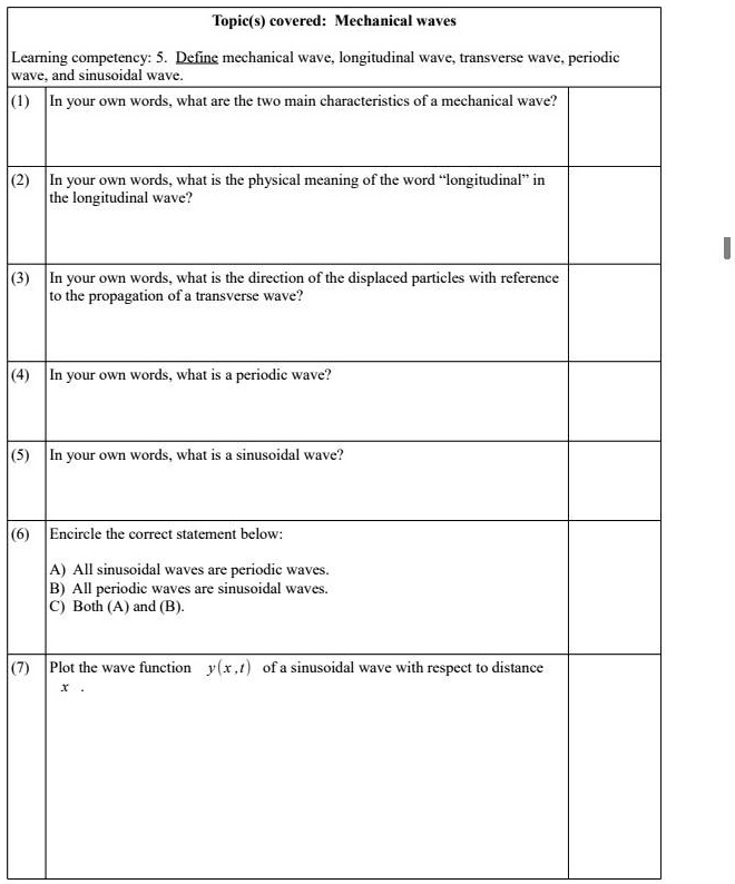 SOLVED Topic(s) covered Mechanical waves Leaming competency Define