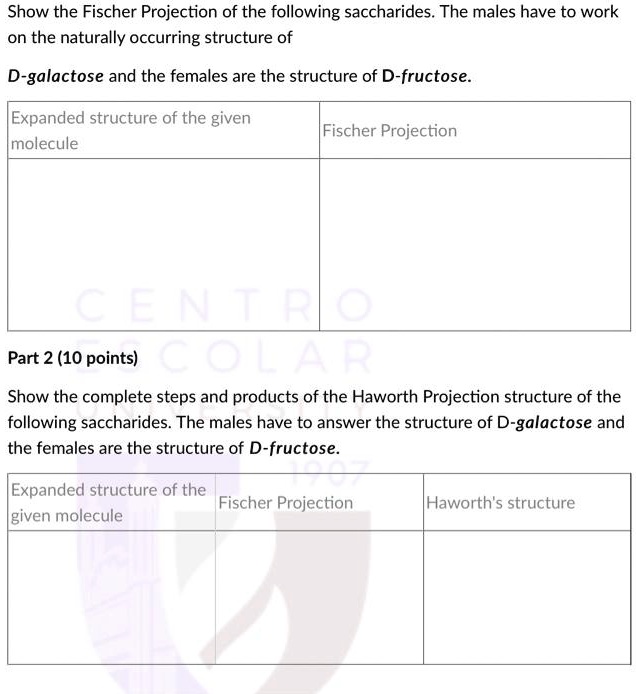 Show the Fischer Projection of the following saccharides. The males have to work
on the naturally occurring structure of
D-galactose and the females are the structure of D-fructose.
Expanded structure of the given
molecule
Fischer Projection
Part 2 (10 points)
Show the complete steps and products of the Haworth Projection structure of the
following saccharides. The males have to answer the structure of D-galactose and
the females are the structure of D-fructose.
Expanded structure of the
given molecule
Fischer Projection
Haworth's structure