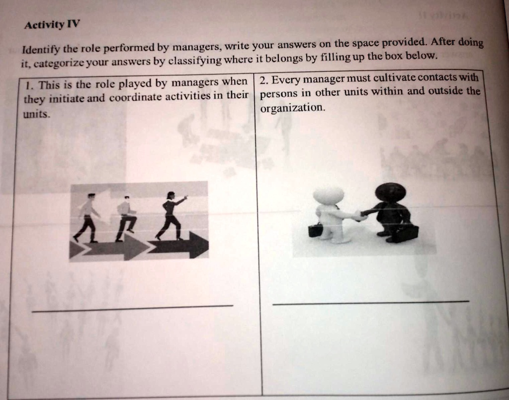Activity IV
Identify the role performed by managers, write your answers on the space provided. After doing
it, categorize your answers by classifying where it belongs by filling up the box below.
1. This is the role played by managers when
they initiate and coordinate activities in their
units.
2. Every manager must cultivate contacts with
persons in other units within and outside the
organization.