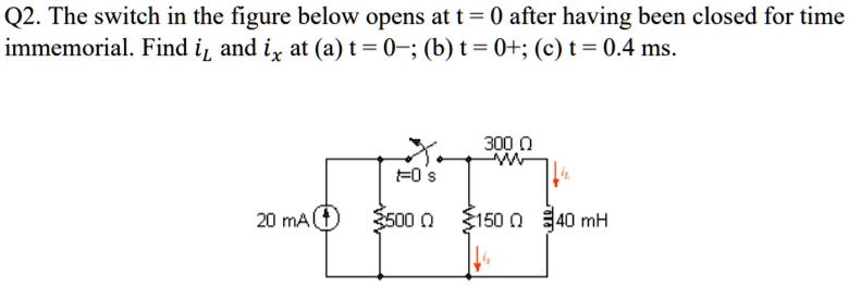 Q2. The switch in the figure below opens at t = 0 after having been closed for time immemorial. Find iL and ix at (a) t = 0-; (b) t = 0+; (c) t = 0.4 ms.