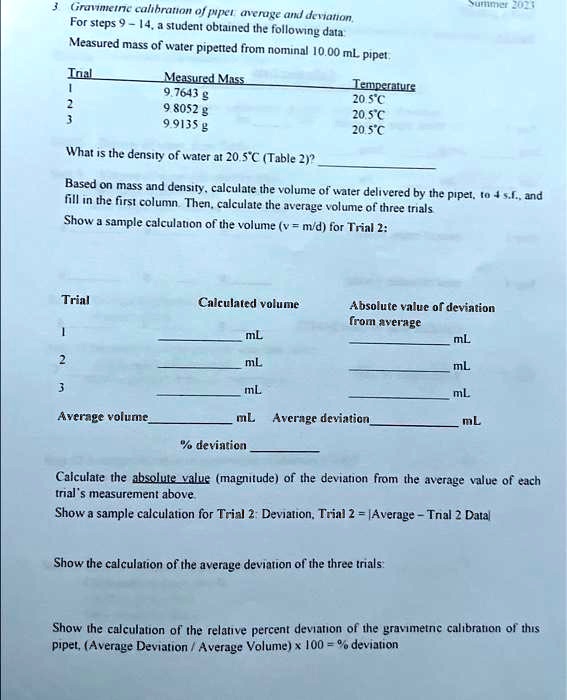 SOLVED Texts 3. Gravimetric calibration of pipette average and