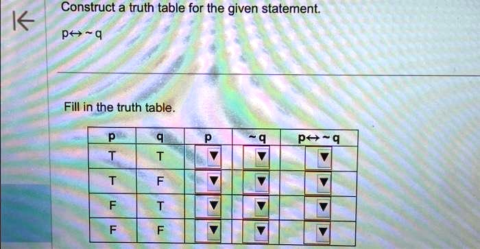 Construct a truth table for the given statement.
p ?   q
Fill in the truth table.
p	q	p	 q	p ?  q
T	T
T	F	F
T	F
T	T	T
F	T	F	F	T
F	F	F	T	F