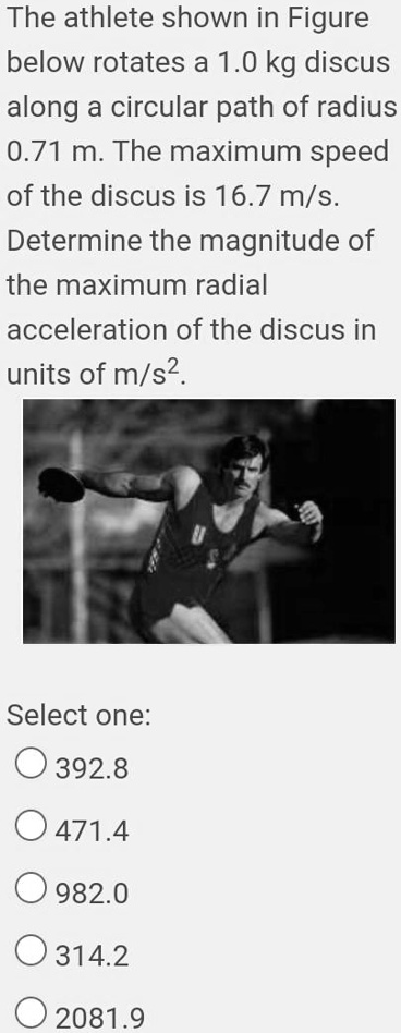 Discus Foot Path The athlete shown in Figure below rotates a 1.0 kg discus along a ...