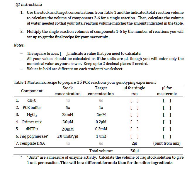 Q1 Instructions:
1. Use the stock and target concentrations from Table 1 and the indicated total reaction volume to calculate the volume of components 2-6 for a single reaction. Then, calculate the volume of water needed so that your total reaction volume matches the amount indicated in the table.
2. Multiply the single reaction volumes of components 1-6 by the number of reactions you will set up to get the final recipe for your mastermix.
Notes:
- The square braces, [ ], indicate a value that you need to calculate.
- All your values should be calculated as if the units are µl, though you will enter only the numerical value as your answer. Keep up to 2 decimal places if needed.
- Values in bold are different on each students' worksheet.
Table 1 Mastermix recipe to prepare 15 PCR reactions your genotyping experiment
Component | Stock concentration | Target concentration | µl for single rxn | µl for mastermix
1. dH2O | na | na | [ ] | [ ]
2. PCR buffer | 5x | 1x | [ ] | [ ]
3. MgCl2 | 25mM | 2mM | [ ] | [ ]
4. Primer mix | 20µM | 0.2µM | [ ] | [ ]
5. dNTP's | 20mM | 0.2mM | [ ] | [ ]
6. Taq polymerase* | 20 units*/µl | 1 unit | [ ] | [ ]
7. Template DNA | na | na | 2µl | (omit from mix)
Total volume: 50µl
* "Units" are a measure of enzyme activity. Calculate the volume of Taq stock solution to give 1 unit per reaction. This will be a different formula than for the other ingredients.