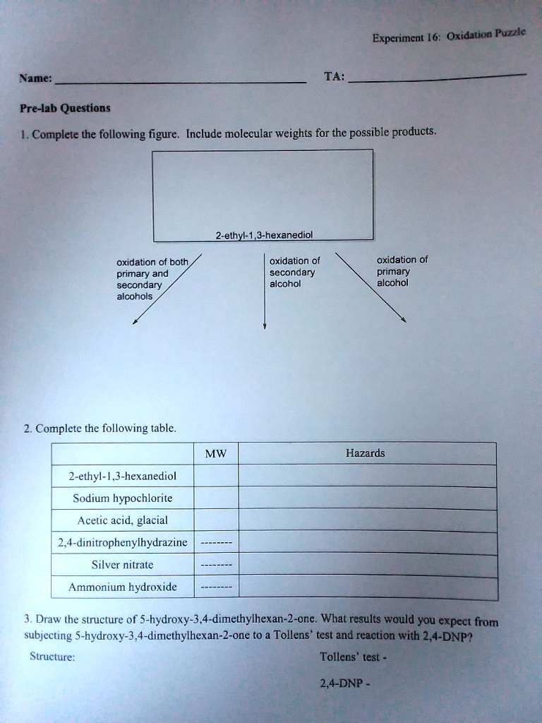 Solved Experiment Oxidation Puzzle Name Ta Pre Lab Questions