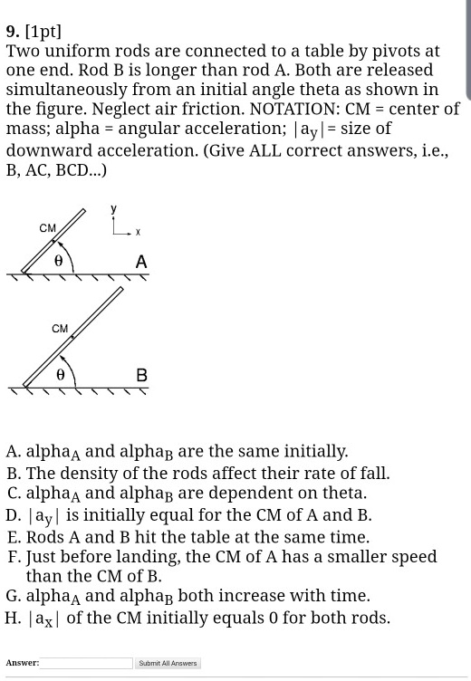 9 1pt two uniform rods are connected to a table by pivots at...