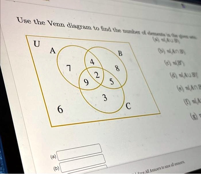 Use the Venn diagram to find the number of elements in the given sets.
(a) n(A?B)
U
A
B
7
4
8
9
2
5
6
3
C
(a)
(b)
(b) n(A?B')
(c) n(B')
(d) n(A?B')
(e) n(A?B?C)
(f) n(A')
(g)