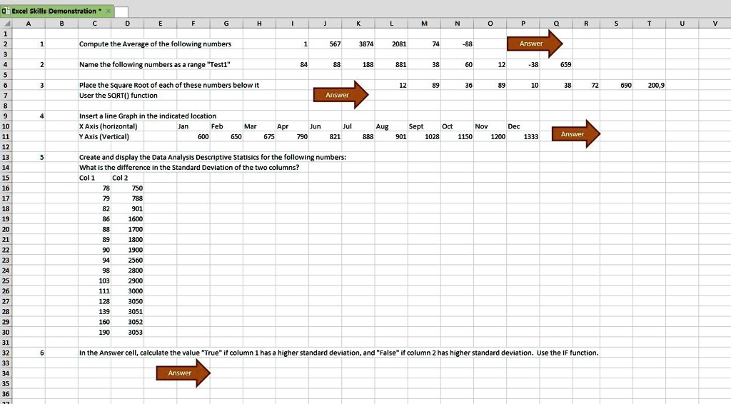 Excel Skills Demonstration

1 Compute the Average of the following numbers 1 567 3874 2081 74 -88

2 Name the following numbers as a range "Test1" 84 88 188 881 38 60 12 -38 659

3 Place the Square Root of each of these numbers below it. Use the SQRT() function
12 89 36 89 10 38 72 690 200,9

4 Insert a line Graph in the indicated location
X Axis (horizontal) Jan Feb Mar Apr Jun Jul Aug Sept Oct Nov Dec
Y Axis (Vertical) 600 650 675 790 821 888 901 1028 1150 1200 1333

5 Create and display the Data Analysis Descriptive Statistics for the following numbers:
What is the difference in the Standard Deviation of the two columns?
Col 1 Col 2
78 750
79 788
82 901
86 1600
88 1700
89 1800
90 1900
94 2560
98 2800
103 2900
111 3000
128 3050
139 3051
160 3052
190 3053

6 In the Answer cell, calculate the value "True" if column 1 has a higher standard deviation, and "False" if column 2 has higher standard deviation. Use the IF function.