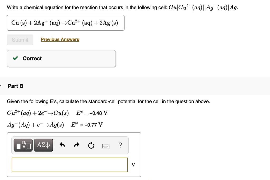 Write A Chemical Equation For The Reaction That Occurs In The Following Cell Cucu2aq Ag 