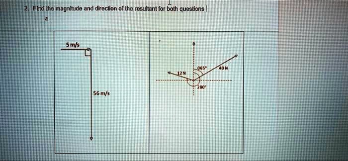 2. Find the magnitude and direction of the resultant for both questions
5 m/s
56 m/s
65°
40 N
12 N
280°