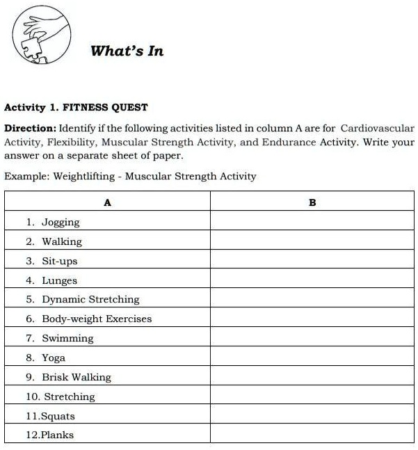 What's In
Activity 1. FITNESS QUEST
Direction: Identify if the following activities listed in column A are for Cardiovascular
Activity, Flexibility, Muscular Strength Activity, and Endurance Activity. Write your
answer on a separate sheet of paper.
Example: Weightlifting - Muscular Strength Activity
A
1. Jogging
2. Walking
3. Sit-ups
4. Lunges
5. Dynamic Stretching
6. Body-weight Exercises
7. Swimming
8. Yoga
9. Brisk Walking
10. Stretching
11.Squats
12.Planks
B